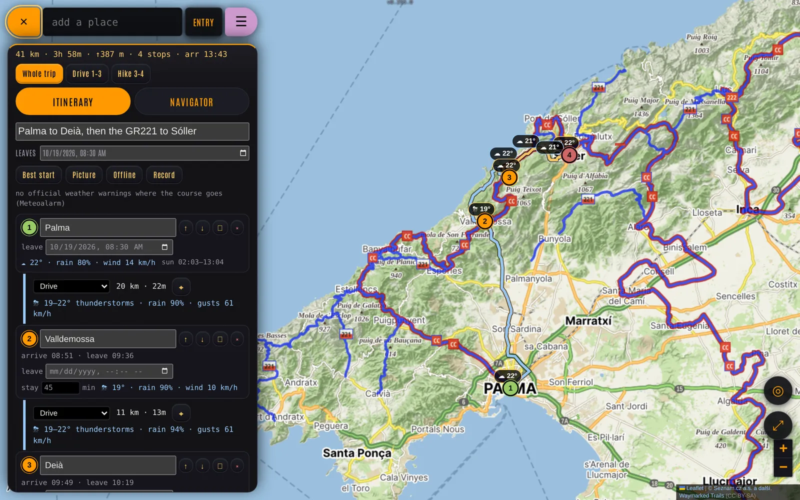 Computer, plot a course: a drive from Palma to Deià and a hike to Sóller, with arrival times and the weather at each stop