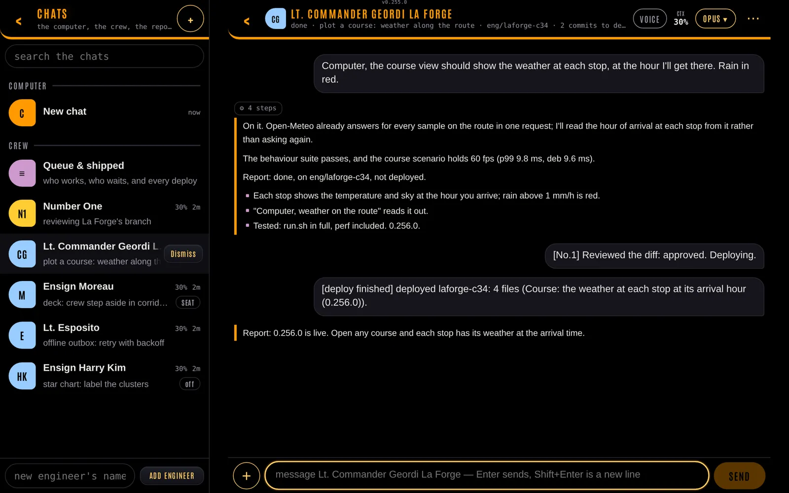 An engineer's thread in the console: the order, the work, the report, Number One's review and the deploy (a staged example)