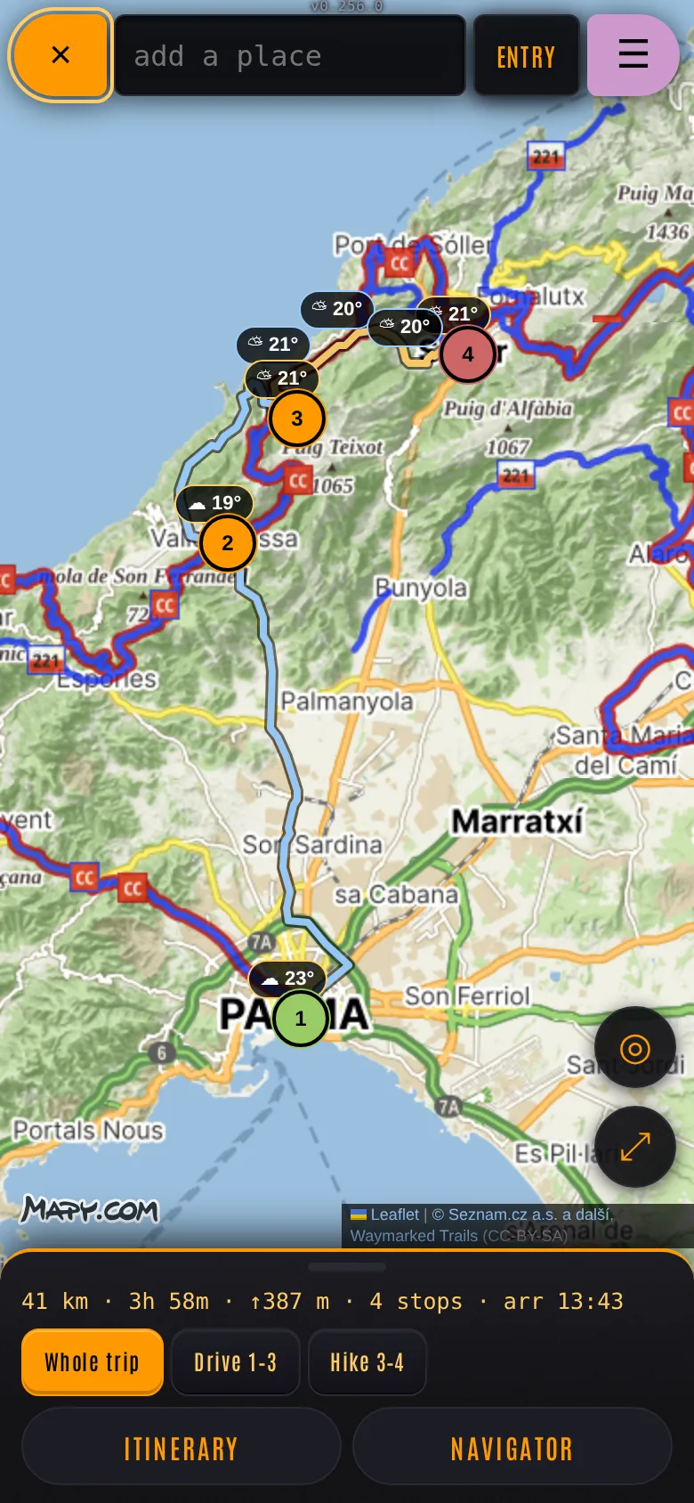 The same course on a phone: the map with the stops and the weather, the plan in a sheet at the bottom